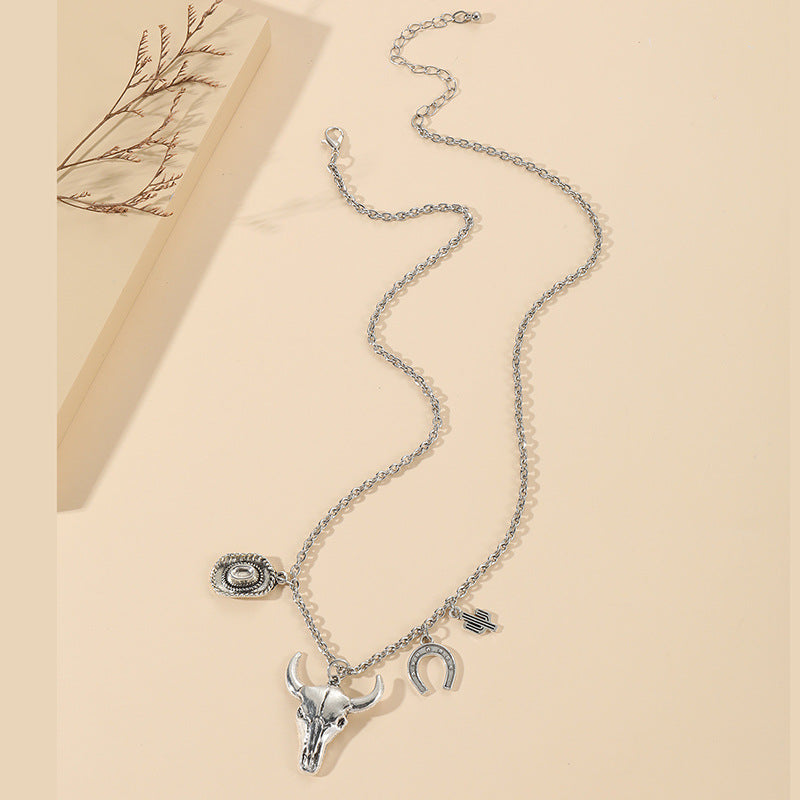 Wholesale Personalized Retro Hat Bull Head Cactus Pendant Alloy Necklace