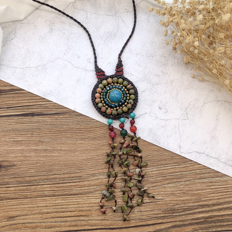 Wholesale Handmade Bohemian Vintage Natural Gravel Tassel Braided Necklace