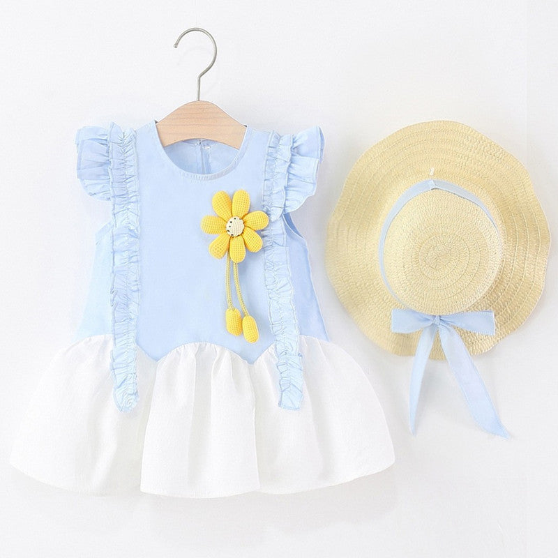 Wholesale Cotton Korean Style Girls Sleeveless Summer Princess Dress With Straw Hat