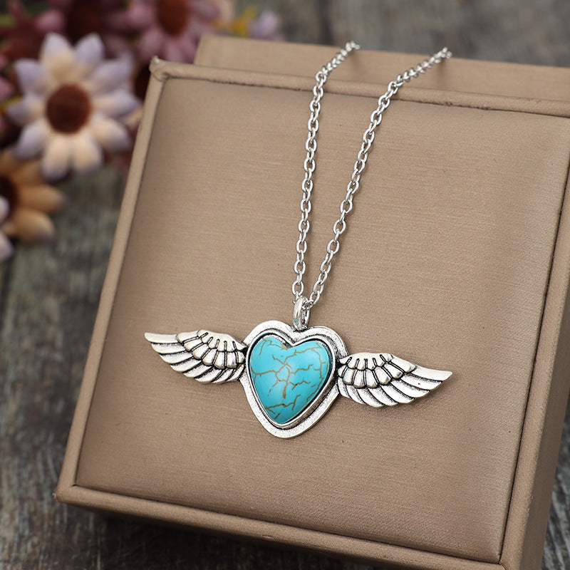 Wholesale Bohemian Retro Gothic Heart Turquoise Wings Alloy Pendant Necklaces