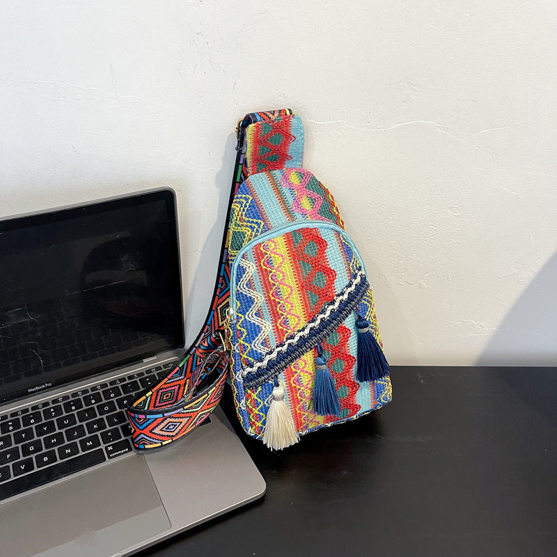 Wholesale Ethnic Tassel Woven Cotton Linen Shoulder Bag Messenger Bag
