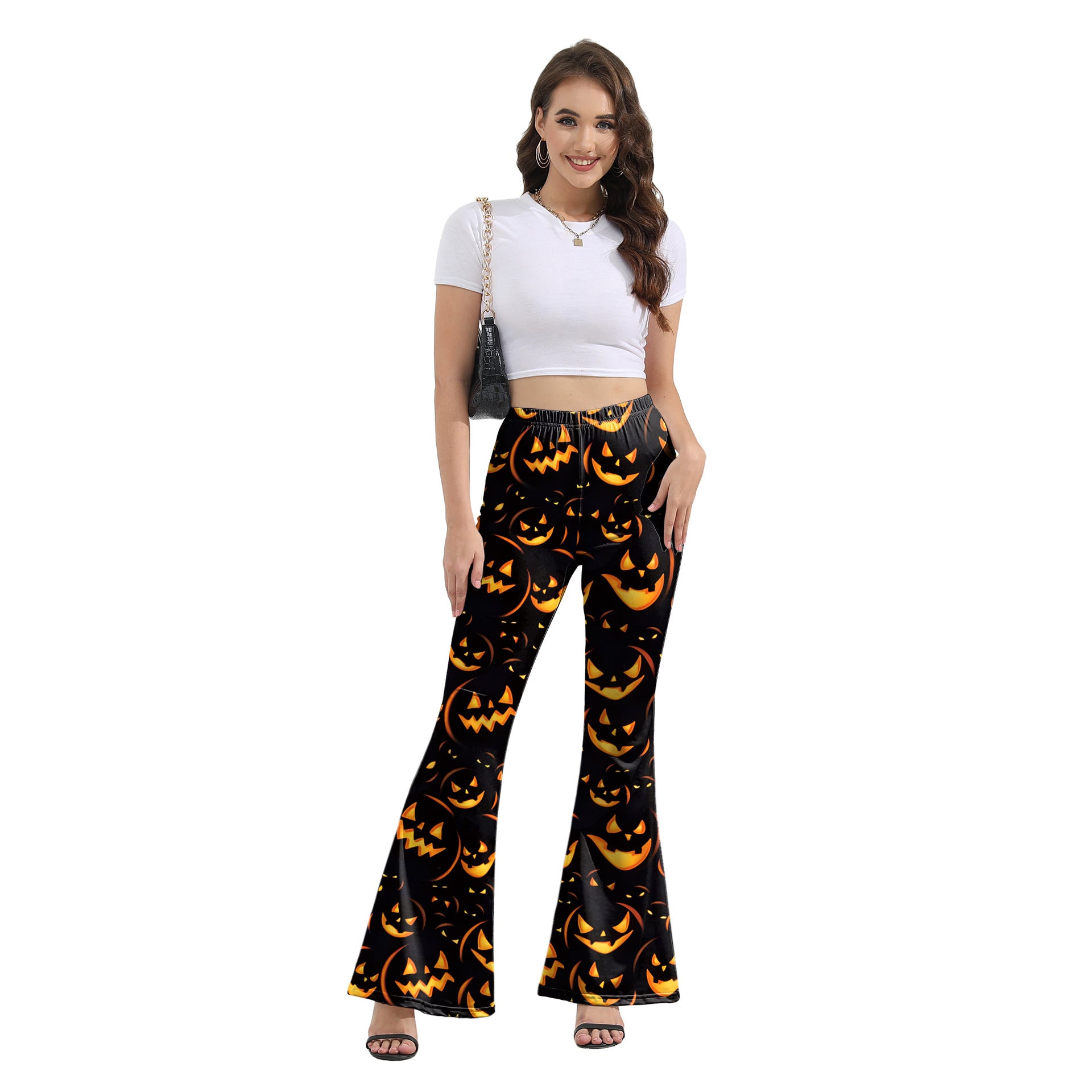 Wholesale Halloween Pumpkin Bat Digital Printing Fashion Flared Pants