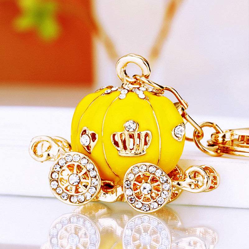 Wholesale Metal Rhinestone Pumpkin Carriage Keychain Bag Charm Pink Car Key Accessory Decorative Gift
