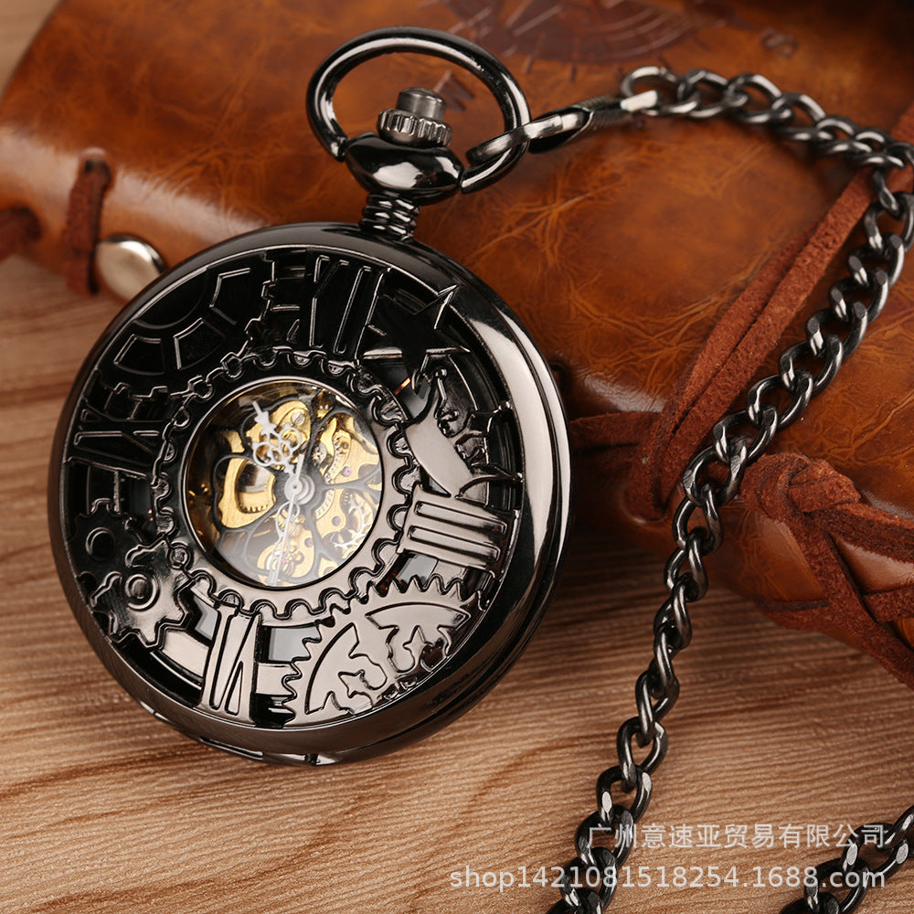 Wholesale New Retro Flip Hollow Necklace Pocket Watch Red Bronze Hollow Gear Roman Face Men's and Women's Mechanical Pocket Watch