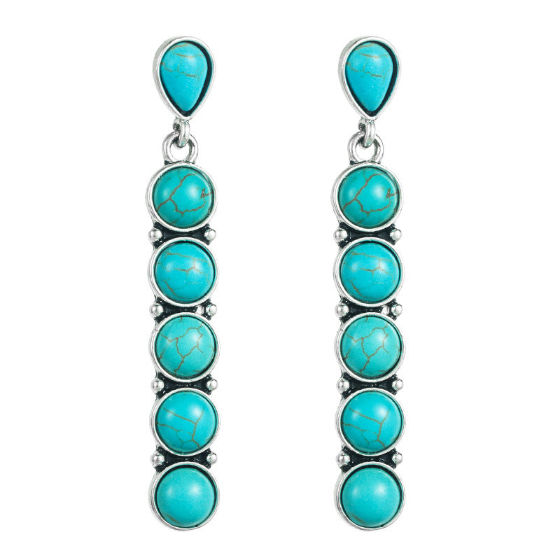 Wholesale Turquoise antique silver round stone creative long earrings
