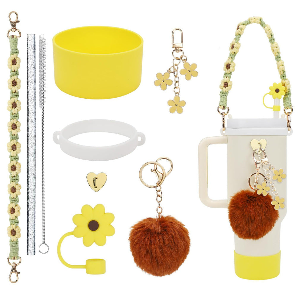 Wholesale Colorful straw accessories handmade cup chain plush love flower set