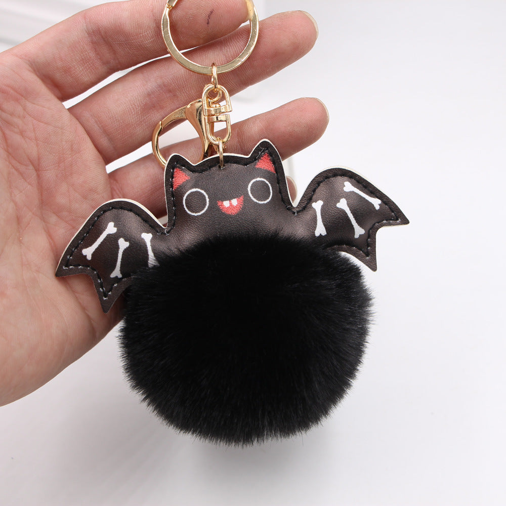Wholesale Trendy  Bat PU Leather Bag Charm Keychain With Plush Pom Pom Gift For Bags And Car Keys