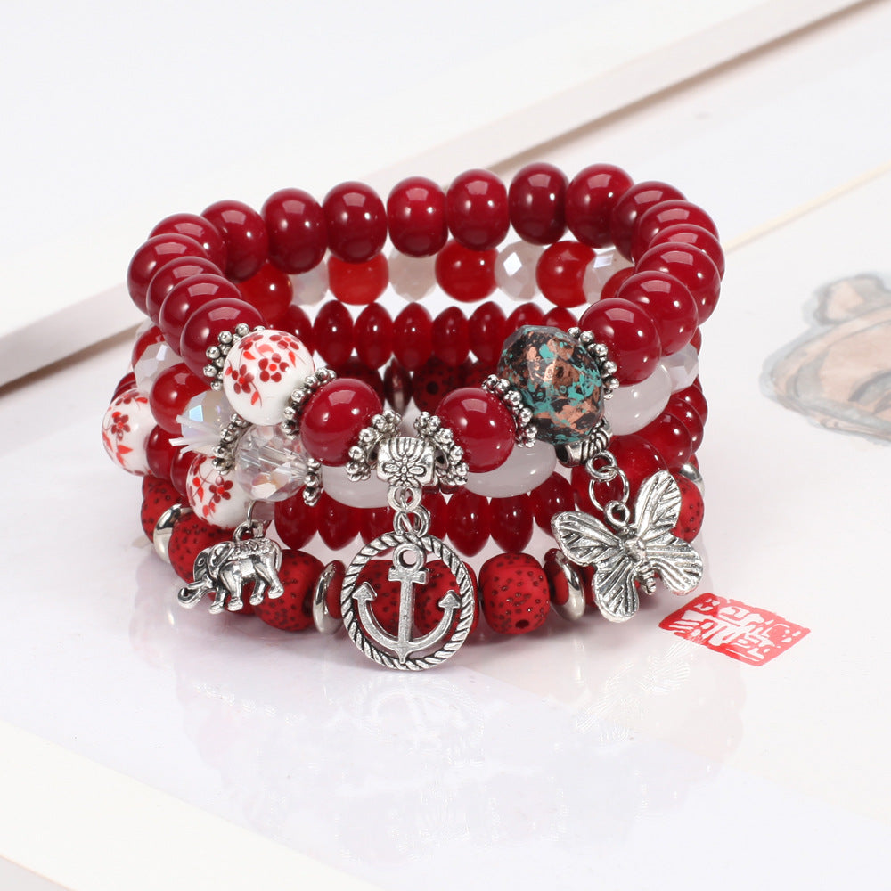Wholesale Bohemian Butterfly Anchor Elephant Pendant Multi-layer Bracelet