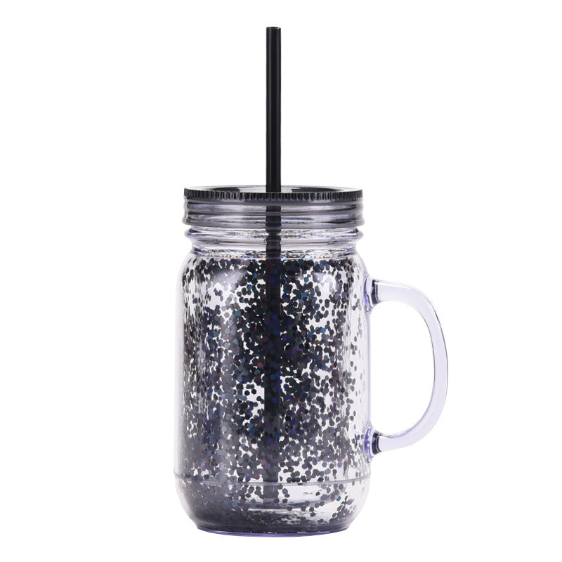 Wholesale Transparent Glitter Plastic Canned Cup with Handle Double Layer Plastic with Straw