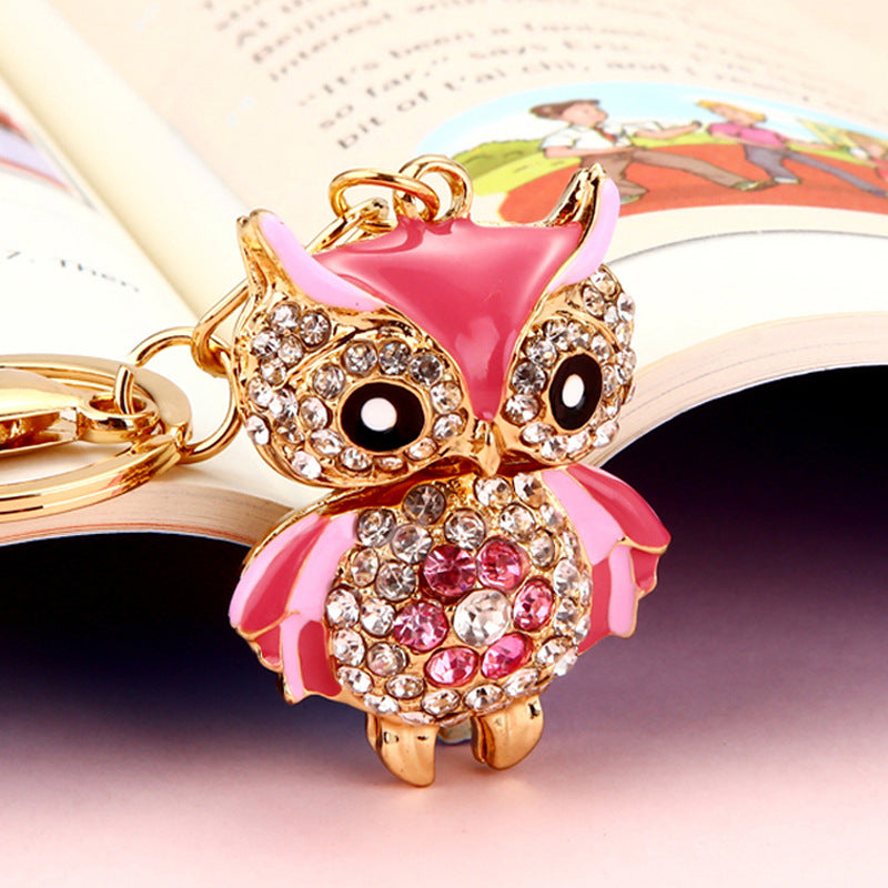 Wholesale Pink Rhinestone Owl Car Keychain Metal Key Ring Bag Charm Fashion Accessory Gift