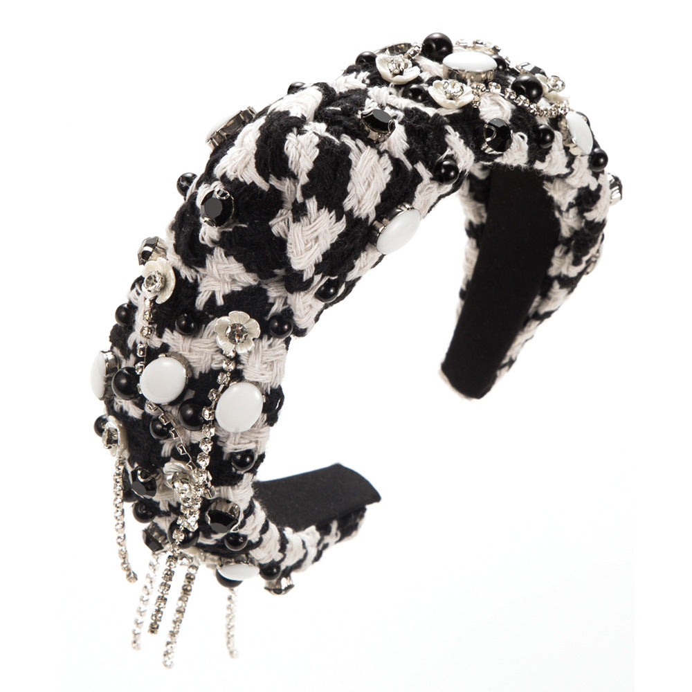 Wholesale Black and White Fabric Hand Sewn Glass Diamond Flower Valentine's Day Hair Bands