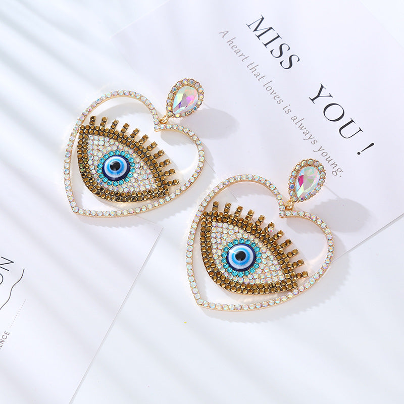 Wholesale Fashion Diamond Heart Evil Eye Exaggerated Earrings