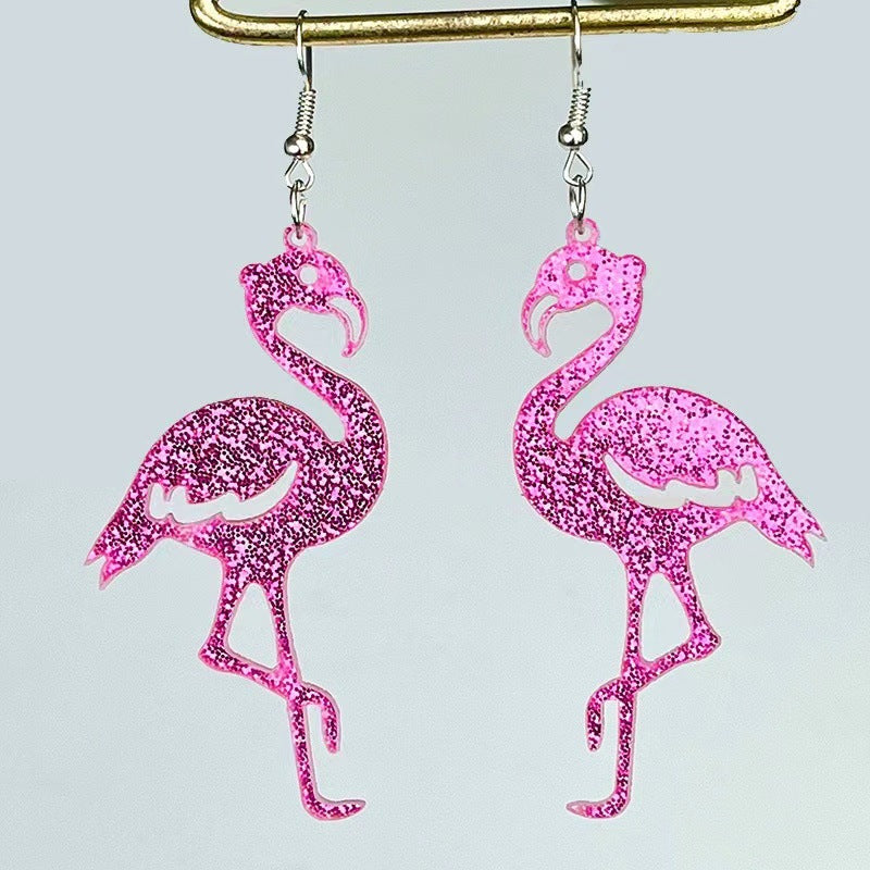 Wholesale glitter acrylic pink Valentine's Day fun cute Flamingo earrings