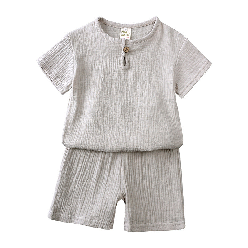 Wholesale Baby Cotton Linen Button Short Sleeve T-Shirt Shorts Thin Two-piece Set