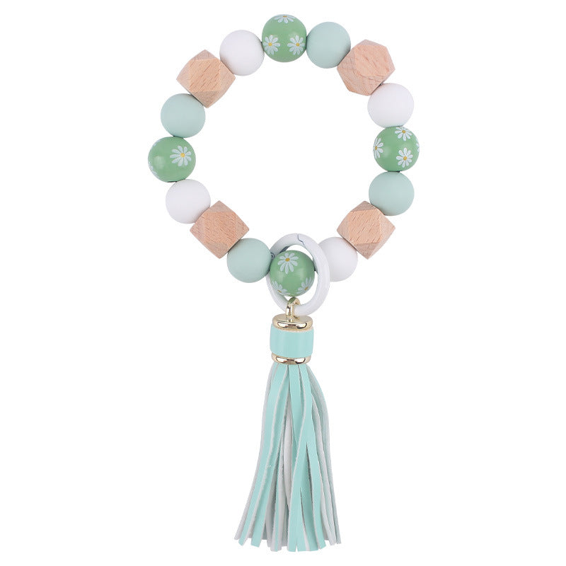 Wholesale Wooden Small Daisy Flower Leather PU Short Tassel Handmade Beaded Bracelet Keychains