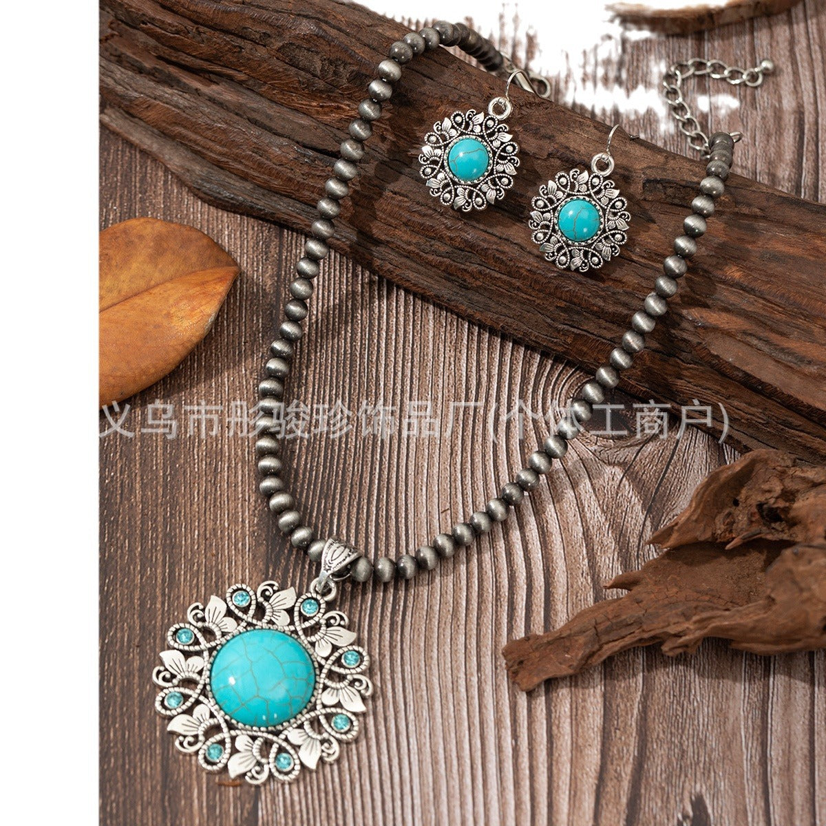 Wholesale Bohemian round diamond and turquoise alloy necklace earrings