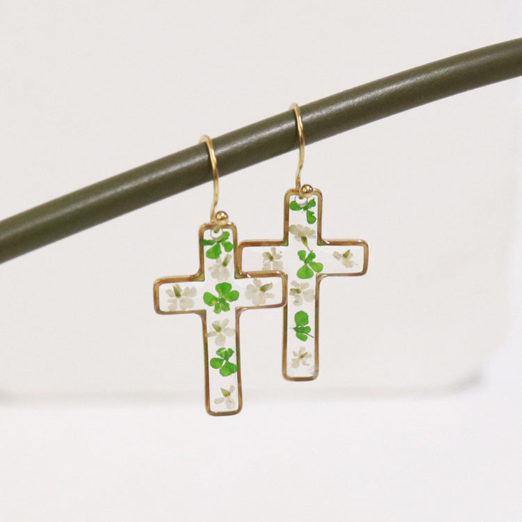 Wholesale 6pcs Resin Natural Dried Flower Cross Earrings