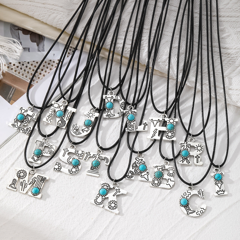 Wholesale English letter necklace western style cactus sunflower turquoise chain