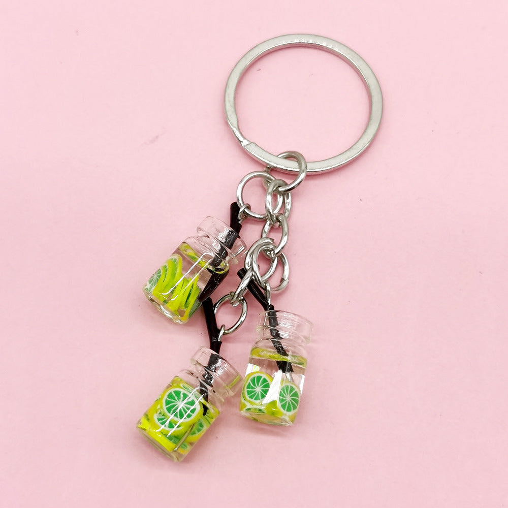 Wholesale Simulation Fruit Juice Keychain Small Glass Juice Cup Bag Key Small Pendant