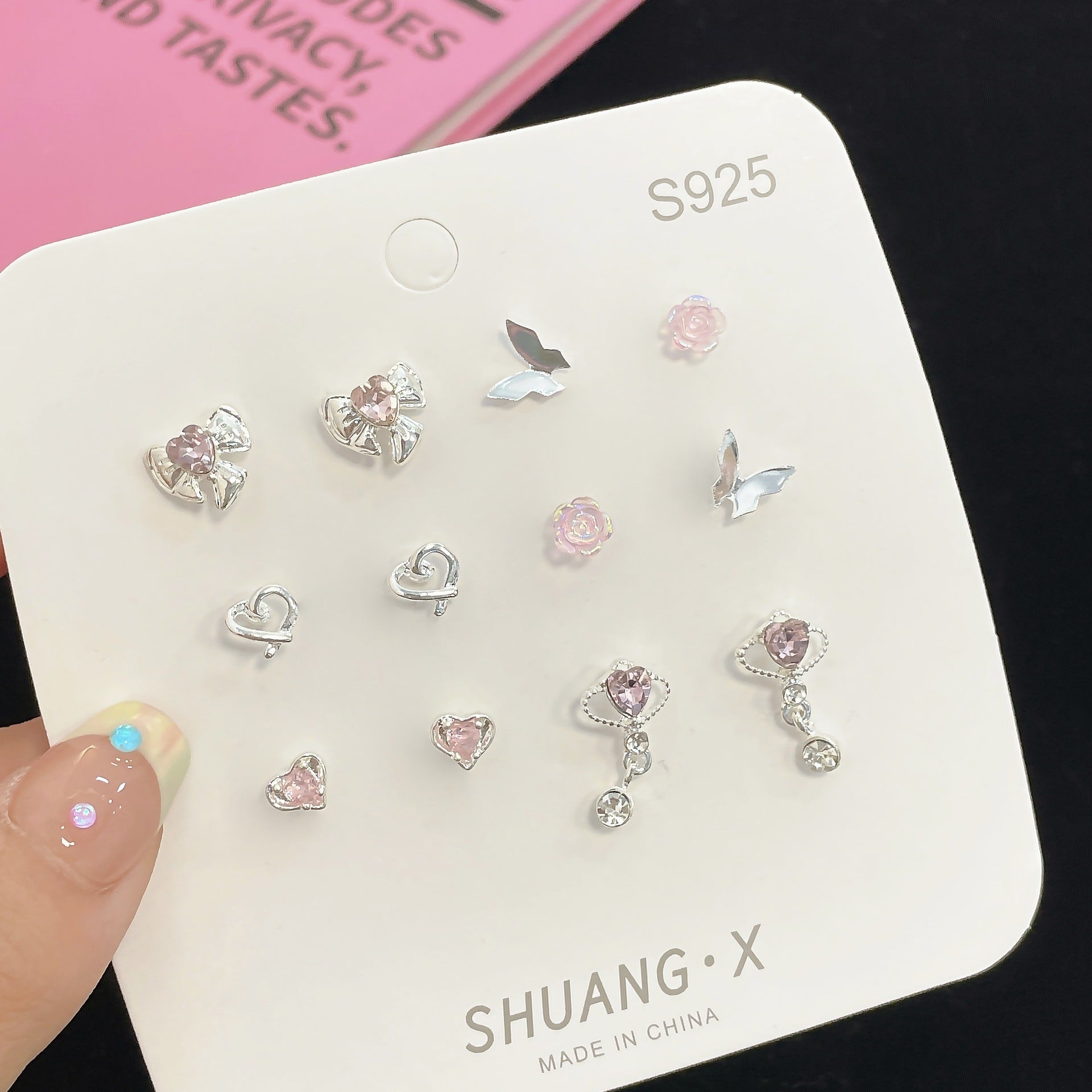 Wholesale Silver Needle Pink Diamond Heart Stud Earrings Set Planet Pendant