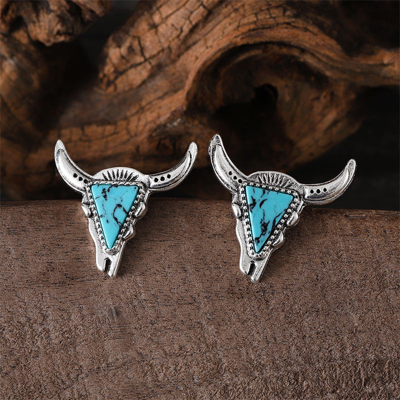 Wholesale Western Cowboy Style Bull Head Triangle Turquoise Earrings Necklace Set Fashion Retro Personality Necklaces