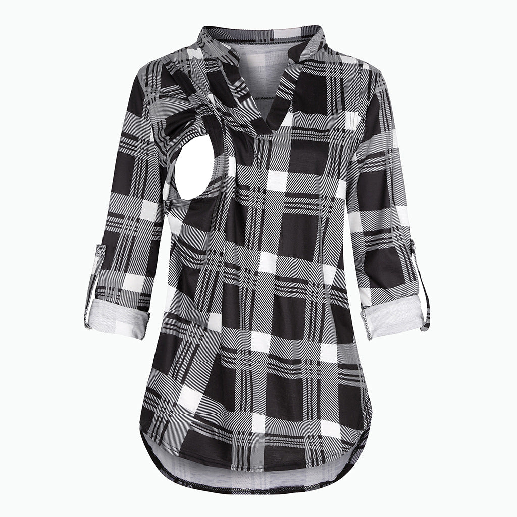 Wholesale Plaid Printed Nursing V-neck Polyester Long Sleeved Top