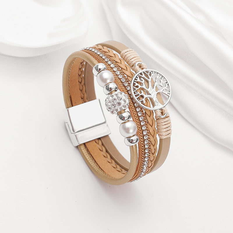 Wholesale Ethnic style imitation pearl diamond ball magnetic clasp woven bracelet