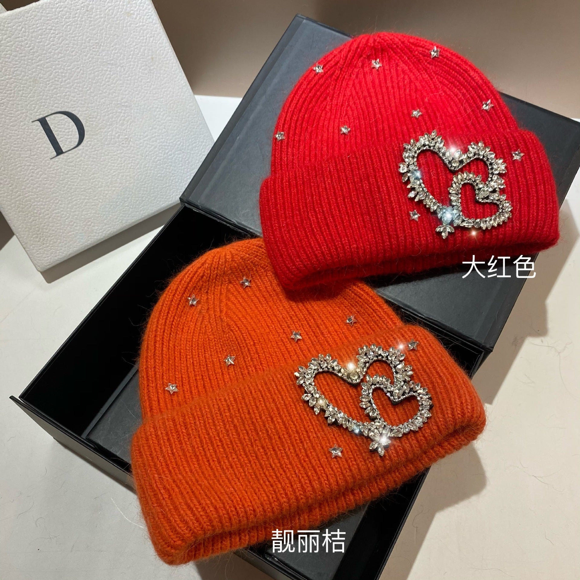 Wholesale Heavy Industry Rhinestone Heart Rabbit Fur Earmuff Knitted Hat