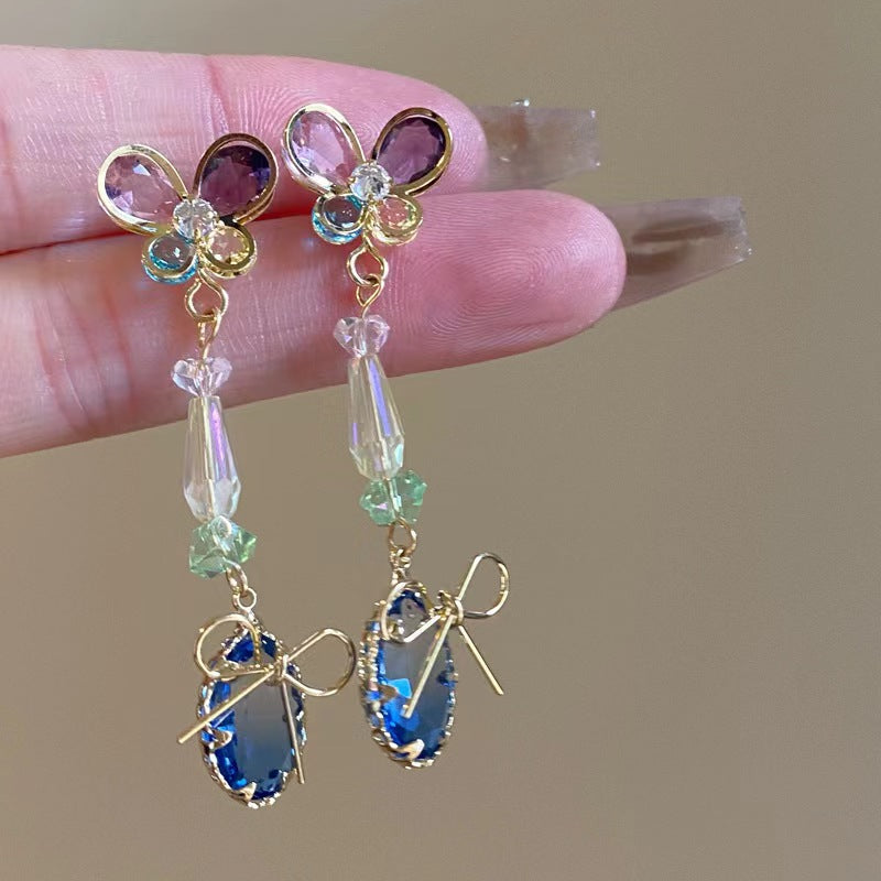 Wholesale Forest-style colorful diamond butterfly long earrings