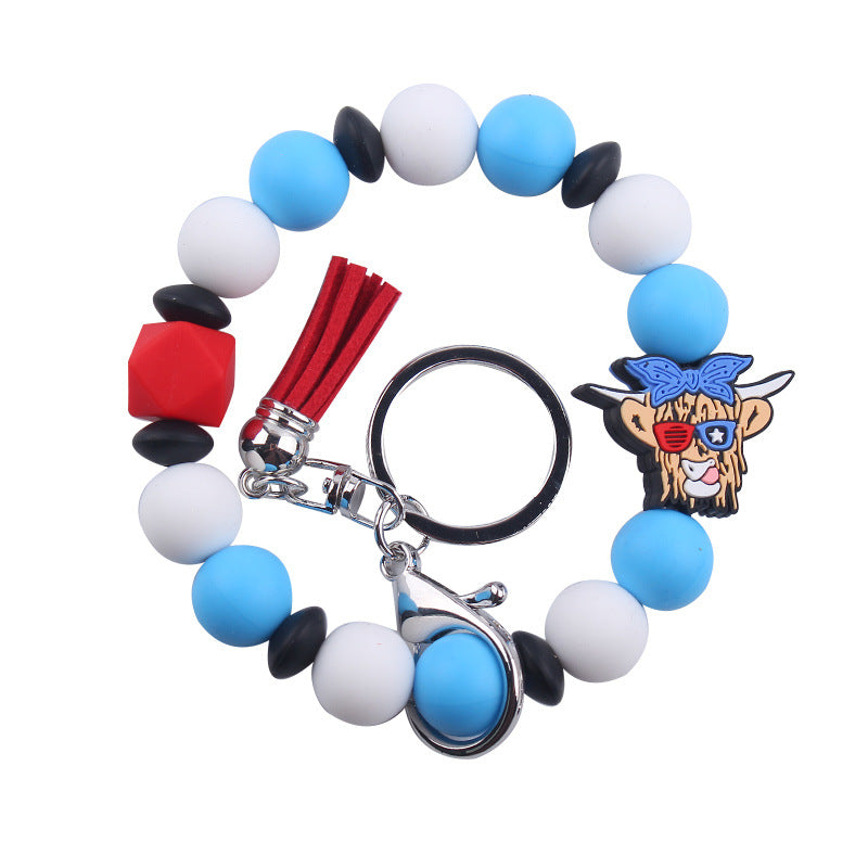 Wholesale Leather Tassel Independence Day Silicone Bead Bracelet Keychain