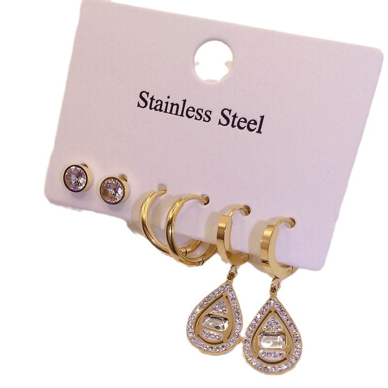 Wholesale Titanium Steel 6-piece Set with 3 Pairs of Water Drop Shaped Earrings Set