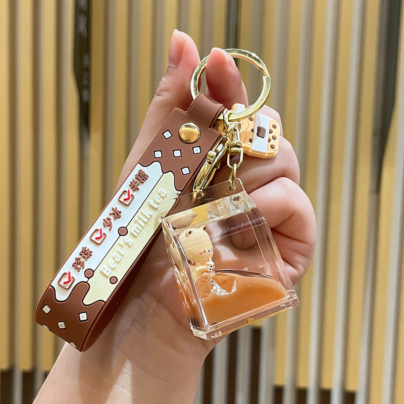 Wholesale bubble tea keychain floating small bear liquid quicksand pendant