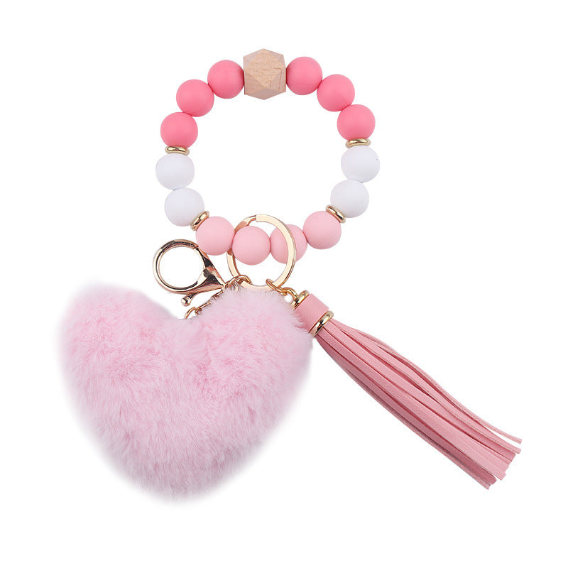 Wholesale Heart Shape Fur Ball Tassel Silicone Beaded Wrist Keychain