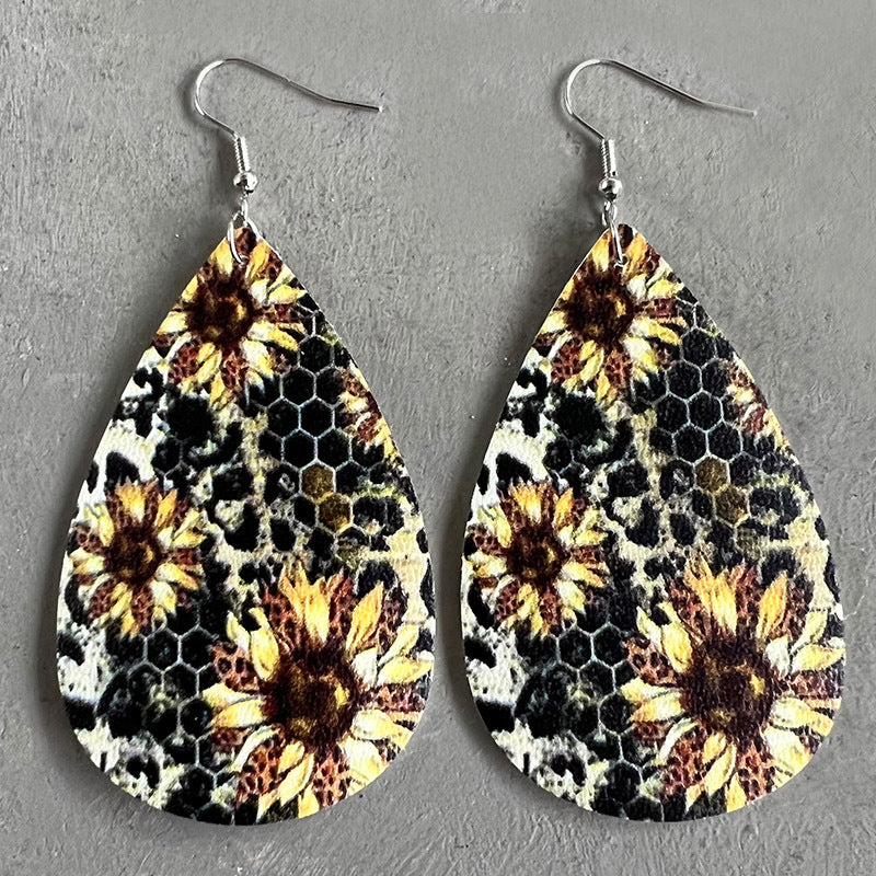 Wholesale Christmas Teardrop Leather Vintage Western Leopard Print Sunflower Cactus Deer Earrings