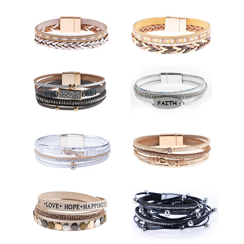 Wholesale Punk style magnetic buckle multi-layer wristband Layered Bracelet Set