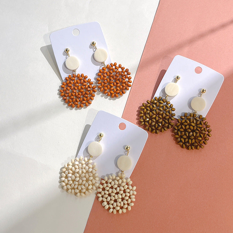 Wholesale Wooden Beads Braided Geometric Round Stud Earrings