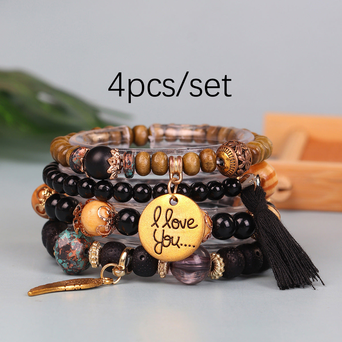 Wholesale Wing Wood Bead Tassel Elastic Bracelet