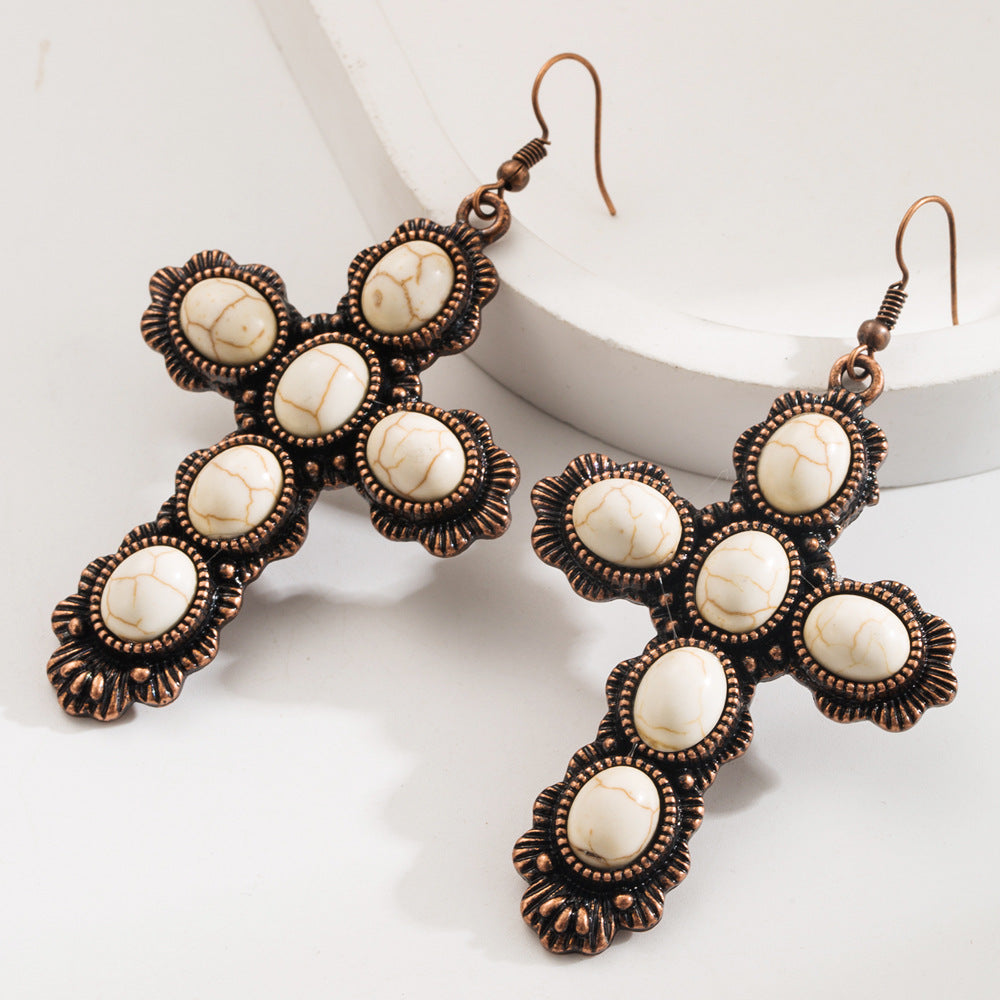 Wholesale Vintage cross inlaid turquoise earrings for women bohemian style
