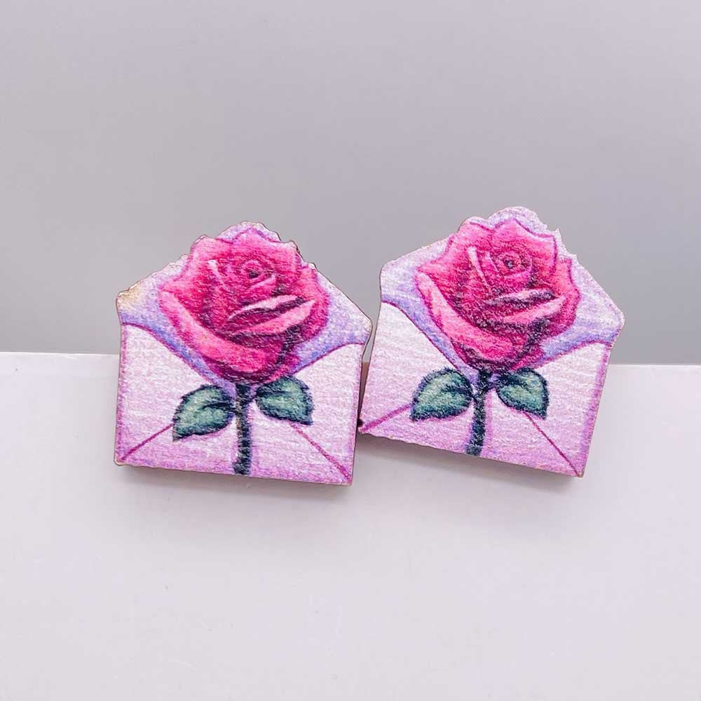 Wholesale Valentine's Day Pink Envelope Dwarf Rose Wooden Earrings