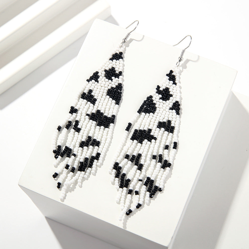 Wholesale Bohemian Handmade Woven Cow Grain Rice Bead Tassel Earrings