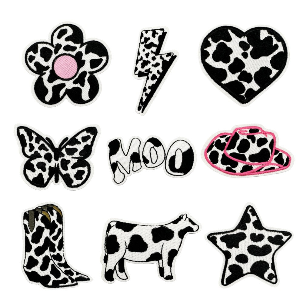 Wholesale Trendy Cow Embroidery Patch Cute Black White Cartoon Design With Lightning Heart For Clothing And DIY Craft Supply
