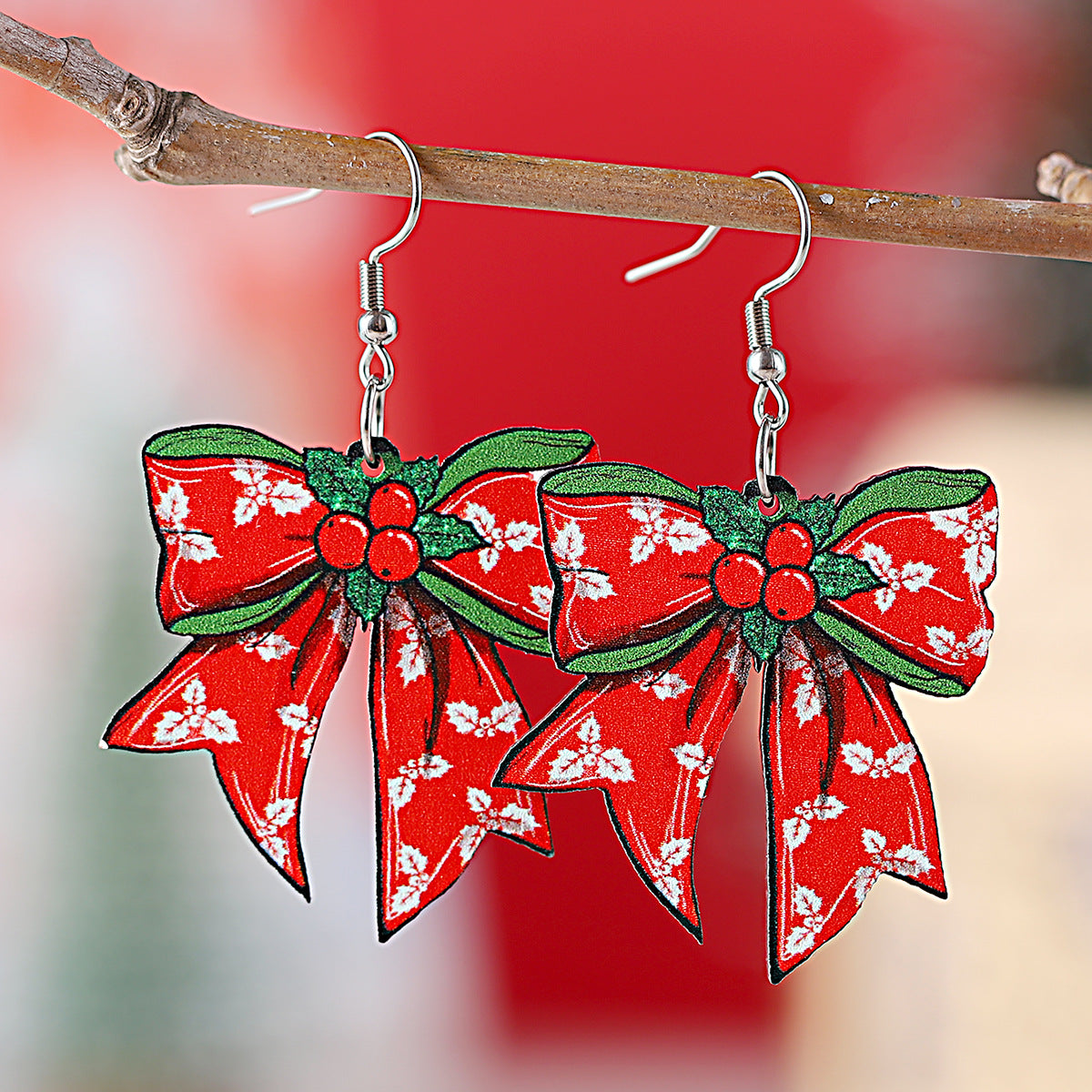 Wholesale Christmas Bow Pendant Wooden Double-Sided Earrings