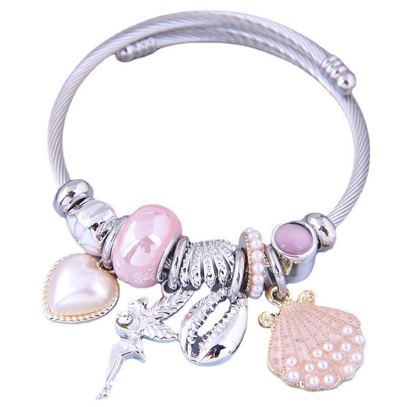Wholesale Stainless Steel DIY Handmade Beaded Love Angel Shell Pearl Alloy Bracelet