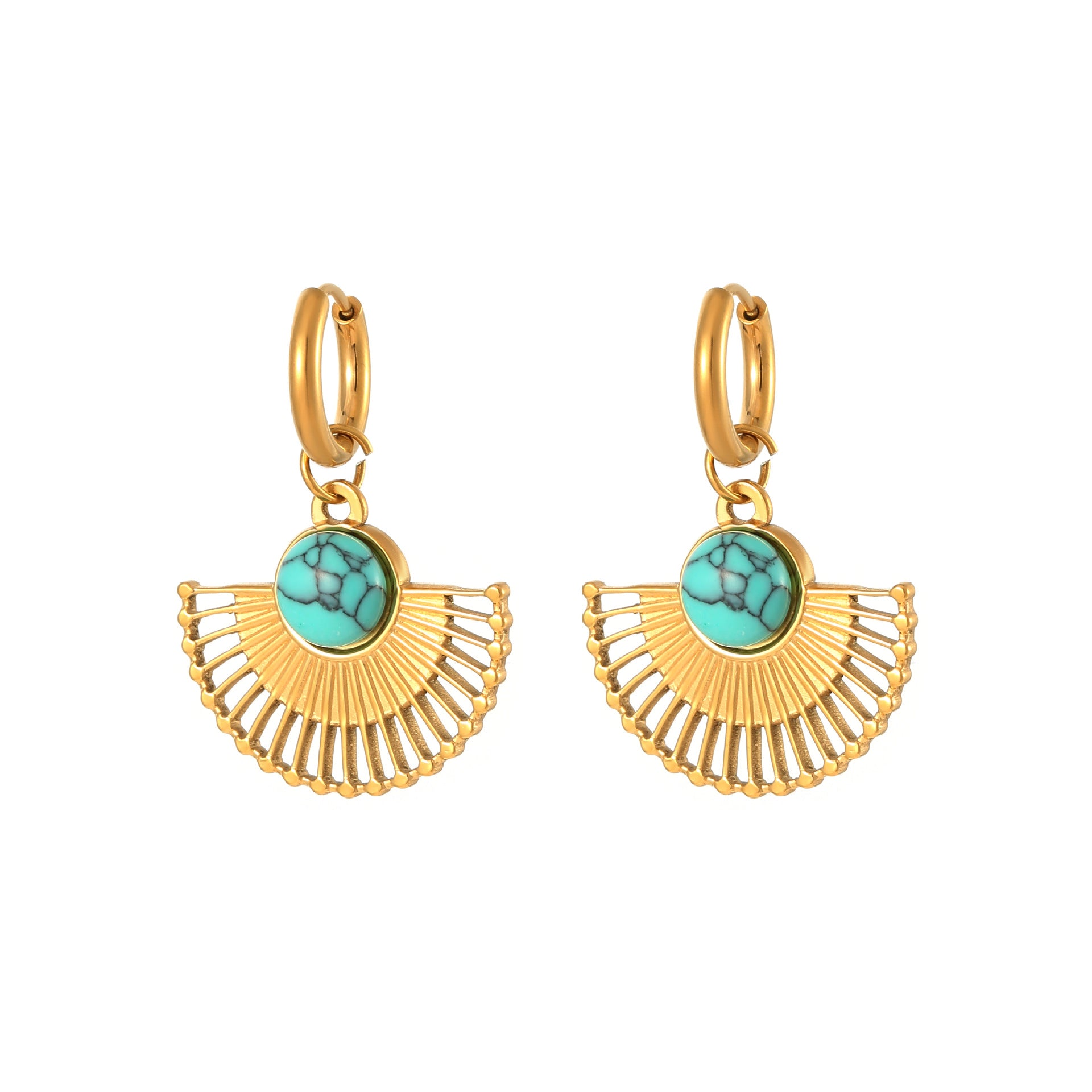 Wholesale Natural Turquoise Fan-shaped Hollow Stainless Steel Earrings