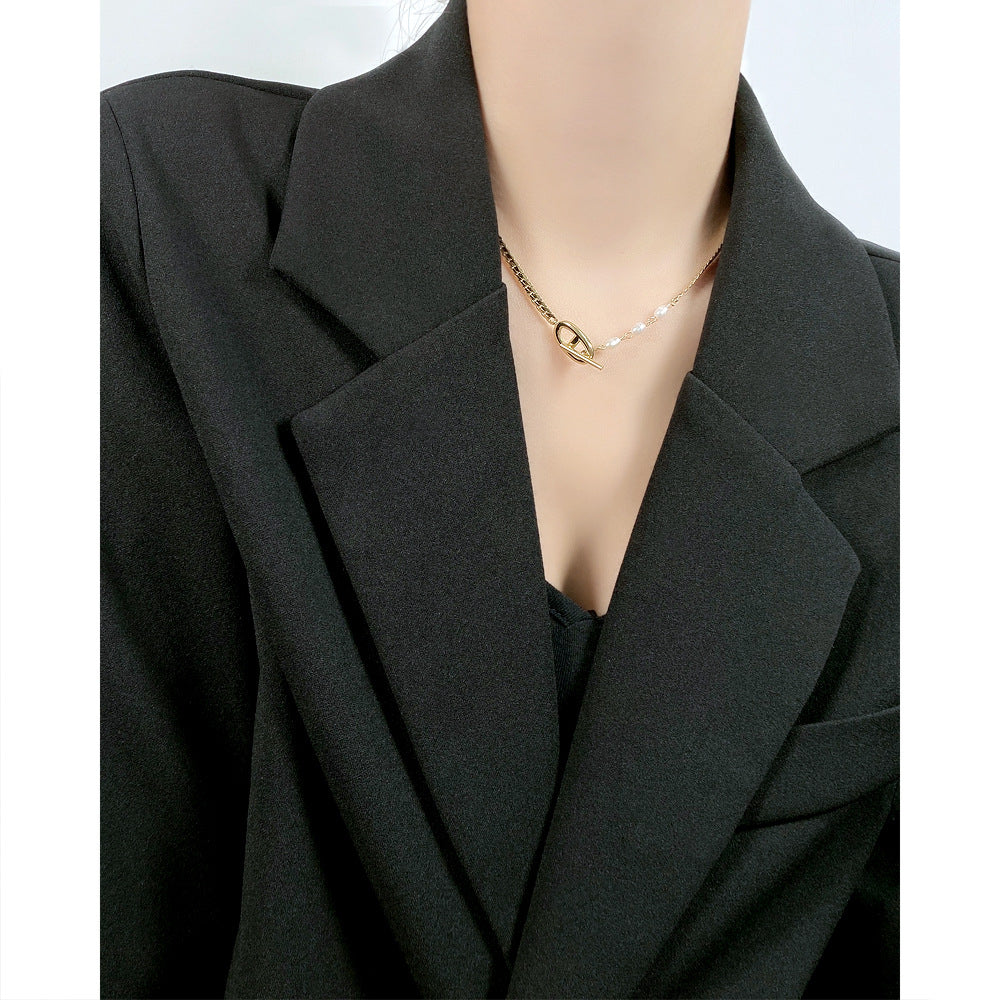 Wholesale OT Buckle Titanium Steel Pearl Necklace Clavicle Chain