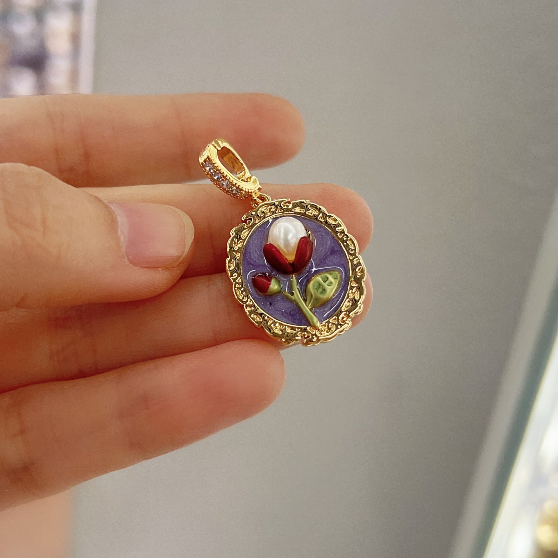 Wholesale Pearl Necklace Melon Buckle Pendant Oil Dropping Oil Painting Style Rose DIY Pearl Necklace Sweater Chain Accessories New