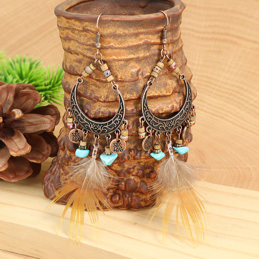 Wholesale Feather Old Long Tassel Alloy Earrings
