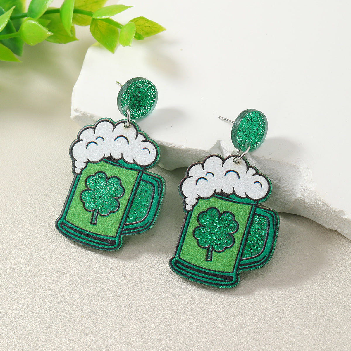 Wholesale Four Leaf Clover Beer Mug Acrylic Earrings
