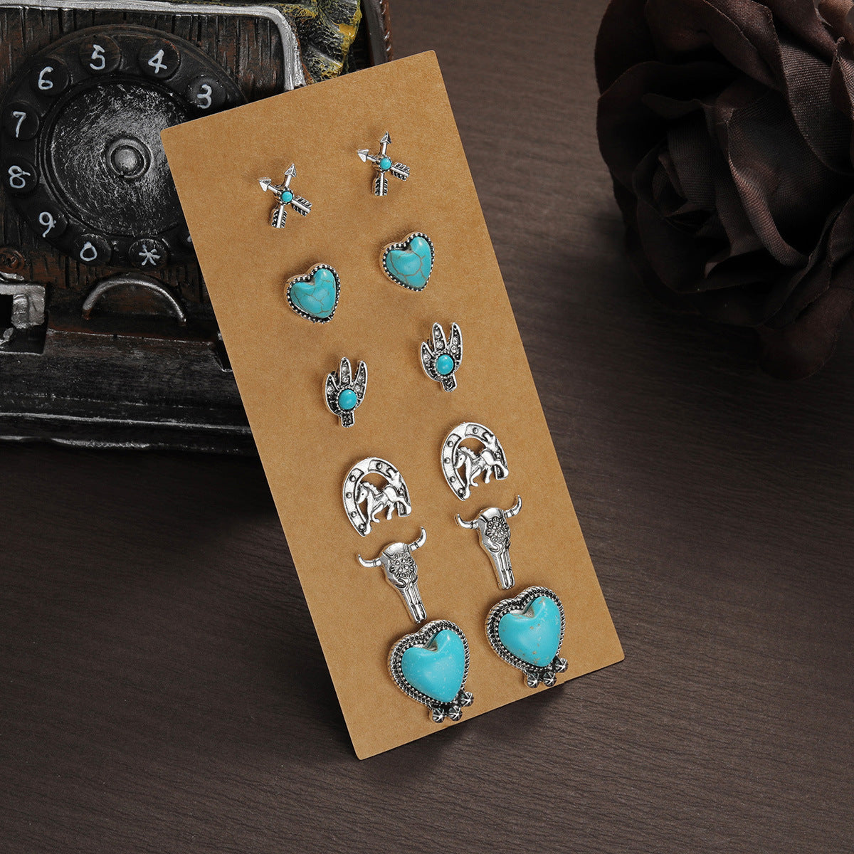 Wholesale Retro Ethnic Style Turquoise Flower Denim Cactus Alloy Earrings