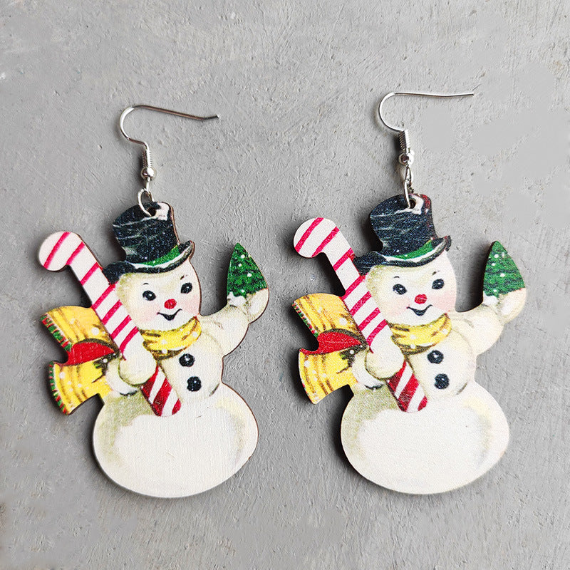 Wholesale Christmas Snowman Red and Black Plaid Lantern Wood Earrings